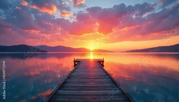 Fototapeta Serene sunrise paints the sky with vibrant colors over a tranquil dock extending into calm water The scene is peaceful and idyllic, perfect for relaxation and contemplation , boat dock, waterfront