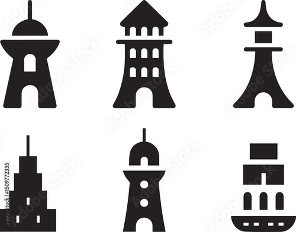 Fototapeta Tower Silhouette Vector Icon Set, Tower Architecture Silhouette Vector Icon Set.