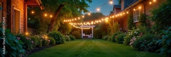 Fototapeta Warm, inviting glow of string lights draped across a lush green garden at night, creating a magical ambiance Perfect for summer evenings, parties, or romantic settings , background, outdoor, bright