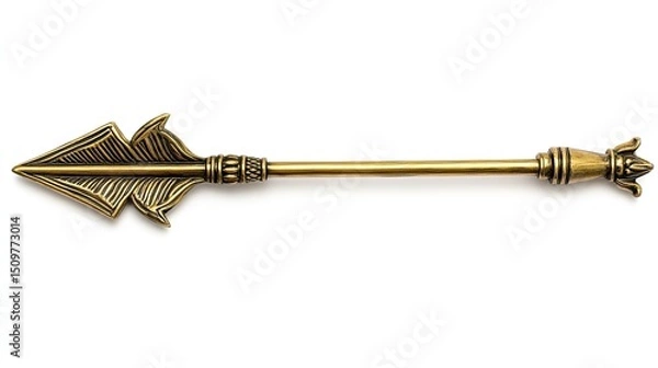 Fototapeta Close up of a decorative gold arrow with intricate details on a white background in horizontal view