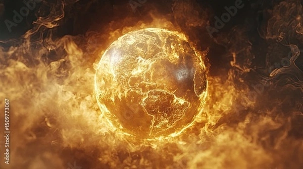 Fototapeta A fiery earth globe surrounded by swirling flames and smoke in a dramatic and intense display of heat