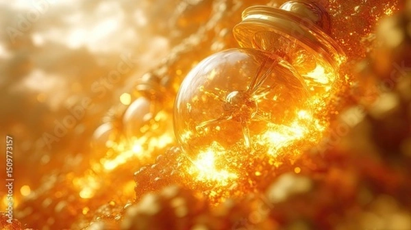Fototapeta Close up of a golden potion bottle surrounded by golden light and abstract shapes in a bright scene