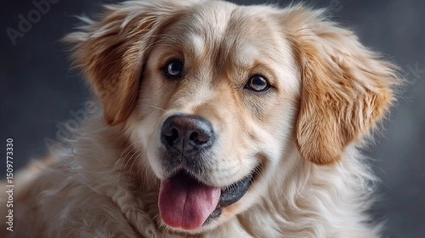 Fototapeta A close up portrait of a golden retriever with its tongue out looking at the camera so cute and fluffy