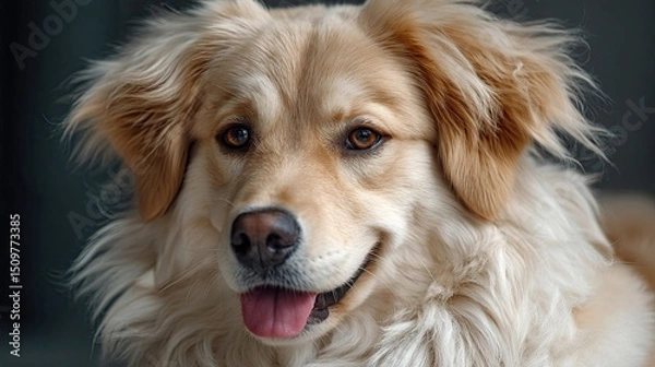 Fototapeta A close up shot of a golden retriever dog with its tongue out looking directly at the camera lens