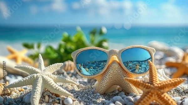 Fototapeta Sunglasses resting on a starfish on a sandy beach with ocean and sky reflected in the lenses