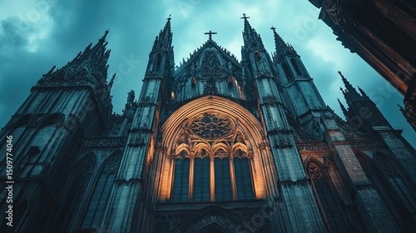 Fototapeta Worm's eye view of a grand gothic cathedral with illuminated windows under a dramatic sky at dusk