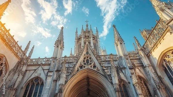 Fototapeta Worm's eye view of a gothic cathedral with spires against a blue sky with wispy clouds and bright sunlight