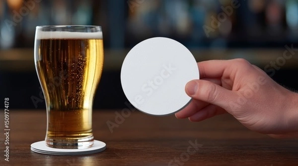 Fototapeta Mockup of white beer coasters on a bar table with glass of beer scene