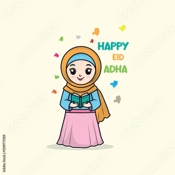 Obraz Happy Eid Al Adha Greeting with Muslim Girl Reading Qur'an Cartoon