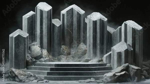 Fototapeta Gray stone structures form a dramatic presentation platform.
