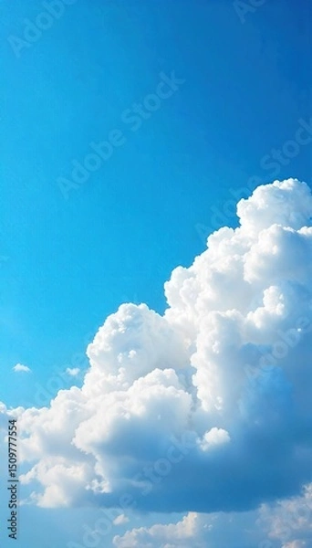 Fototapeta Fluffy cumulus clouds drift lazily across a vibrant blue sky, a serene and peaceful depiction of a cloud's existence, suggesting a diet of pure sunlight and air , open space, environment