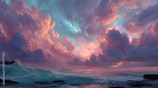Fototapeta Vibrant sunset clouds over a calm ocean scene.