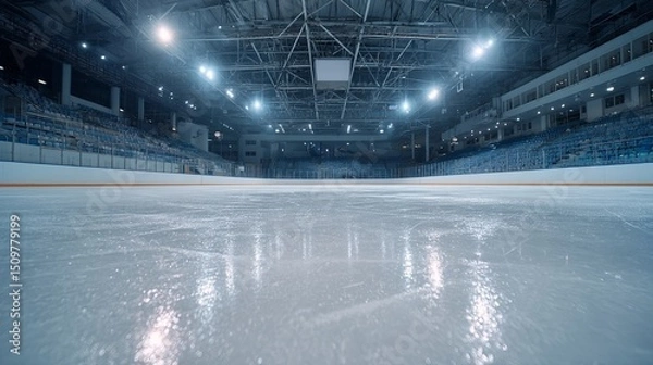 Fototapeta Wide angle view of an empty hockey stadium with clean white ice rink reflecting arena lights under natural ambient lighting
