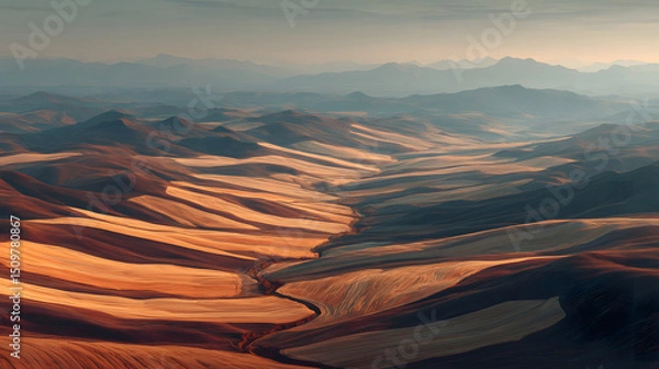 Fototapeta Vast undulating landscape under a soft sunset glow.