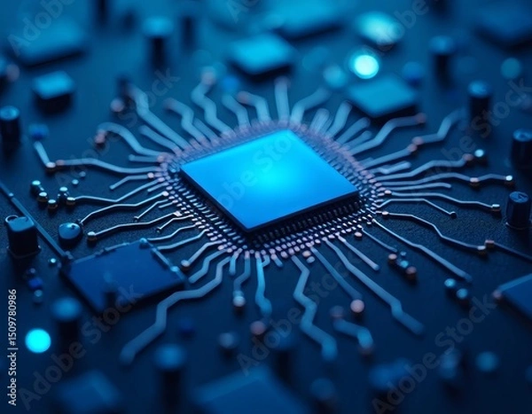 Fototapeta Glowing Blue Microchip Circuit Board with Connected Wires Technology