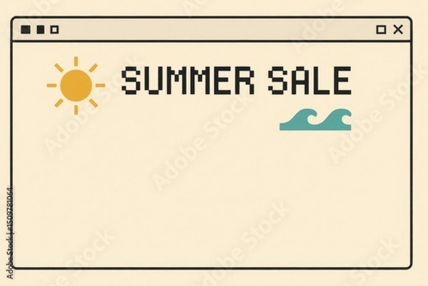 Fototapeta Pixel window with summer sale text, sun and wave icons, modern minimalistic online shop banner