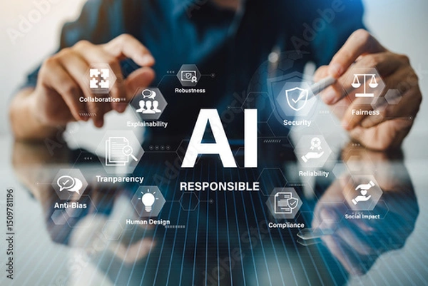 Fototapeta Responsible AI concept with ethical principles transparency and social impact in technology