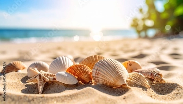 Obraz Photo of shells in the sand with a blurry beach background