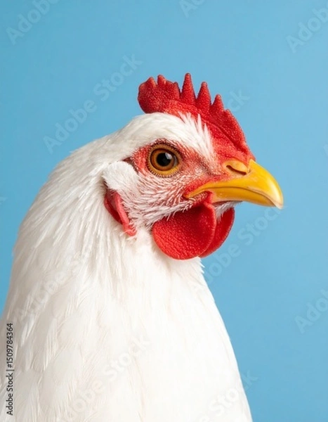 Obraz Portrait Photo of a Broiler chicken on plain blue background