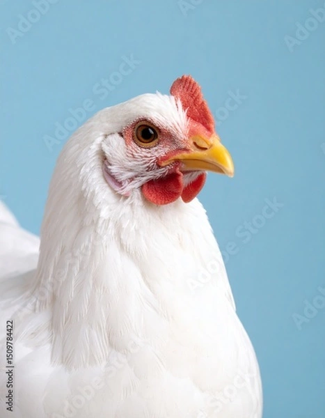 Obraz Portrait Photo of a Broiler chicken on plain blue background