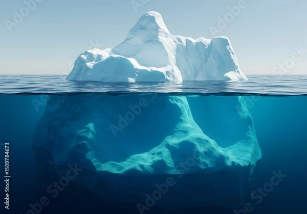 Fototapeta Iceberg showing vast underwater mass, symbolizing hidden depths beneath the surface, wallpaper, an iceberg, the top portion above the water line and the bottom portion submerged, showcasing the underw