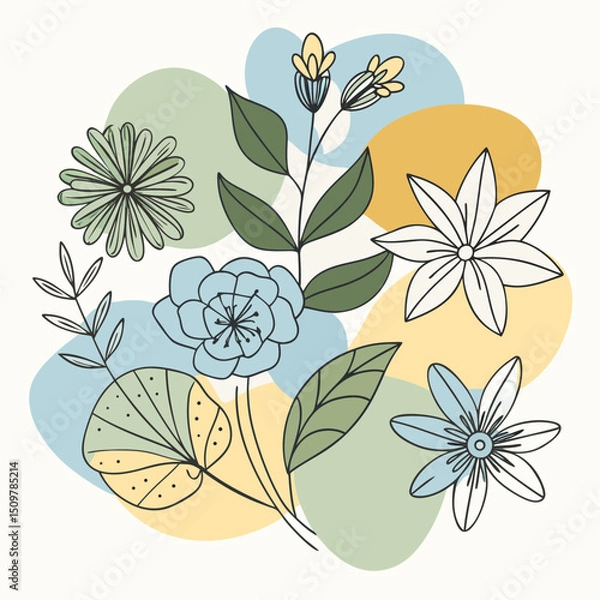 Fototapeta Botanical and abstract doodle vector set – Flowers, leaves, geometric shapes, and organic forms for print, clipart, wallpaper, and modern home decor wall art.