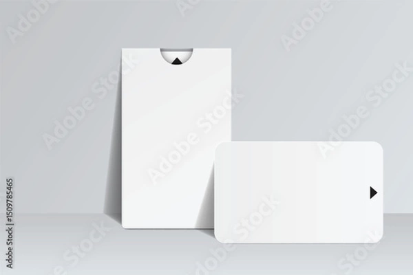 Obraz 3D Realistic plastic hotel apartment keycard and booklet holder, open leaflet, bifold mockup isolated on background. Blank template for hotel key card, credit card, notecard, postcard, invitation