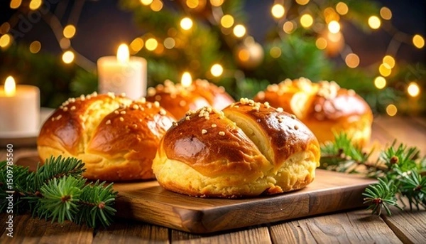 Obraz Product photo of Kouign Amann on a wooden cutting board with a blurred background