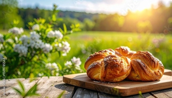 Obraz Product photo of Kouign Amann on a wooden cutting board with a blurred background