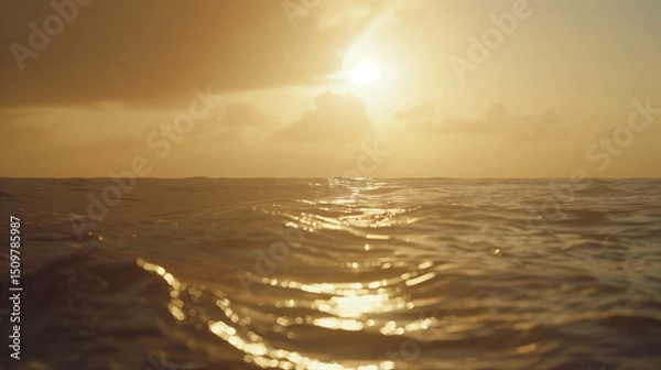 Obraz Golden Sunset Over Ocean Horizon, Gentle Waves, Minimalist Seascape with Copy Space, Tranquil Coastal Background, Empty Sky and Water, Serene Nature Scene