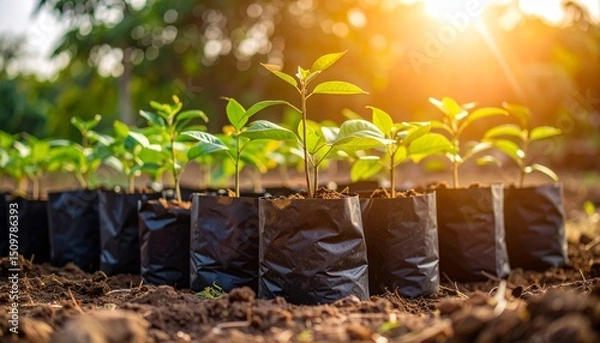 Obraz Close-up photo of a plant seedlings in polybags with a blurred background