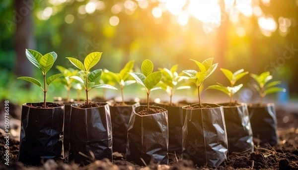 Obraz Close-up photo of a plant seedlings in polybags with a blurred background