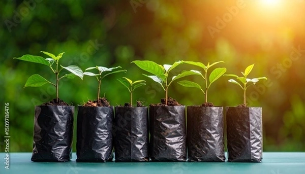 Obraz Close-up photo of a plant seedlings in polybags with a blurred background