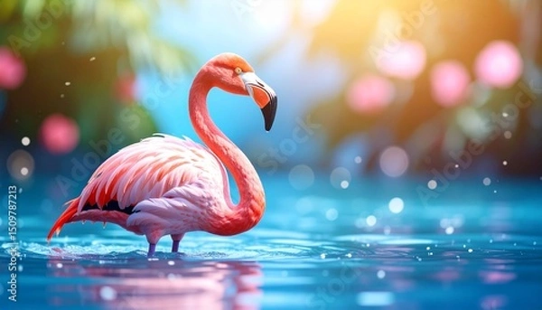 Obraz Photo of Pink Flamingo in water with blurry color background