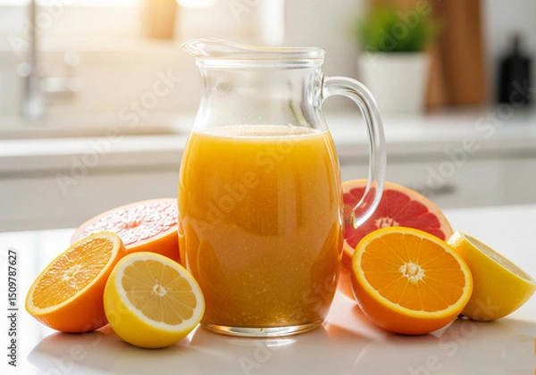 Obraz fresh-squeezed citrus juice blend in a glass jug on a kitchen counter