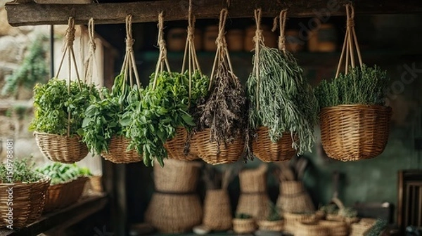 Fototapeta Hanging baskets filled with various herbs and plants in a rustic kitchen setting indoors