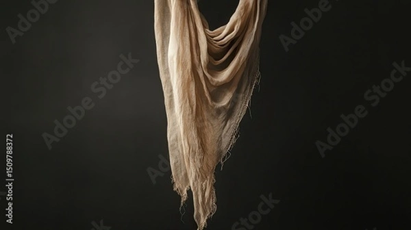 Fototapeta Draped beige fabric hanging against a dark background creating a soft and elegant composition in studio shot