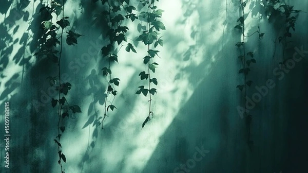 Fototapeta Hanging vines casting shadows on a textured wall illuminated by soft light creating a serene atmosphere