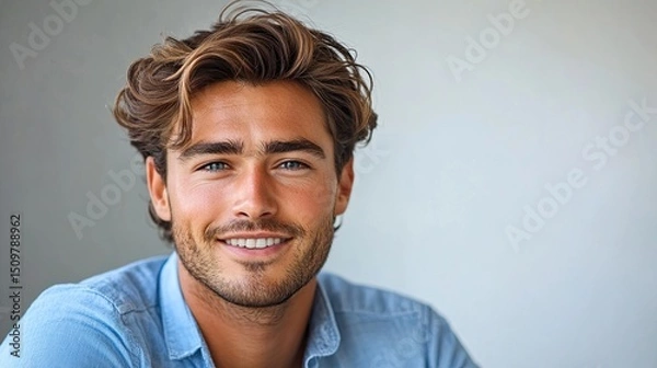 Fototapeta Portrait of a smiling man with wavy brown hair and blue eyes wearing a light blue shirt indoors