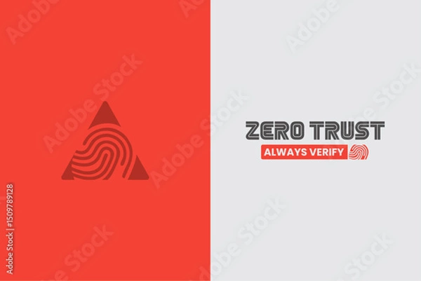 Fototapeta Modern vector illustration featuring a cybersecurity concept with the text “Zero Trust – Always Verify.” The design includes a stylized fingerprint within a triangle symbol