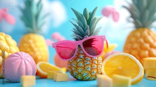 Fototapeta A pineapple wearing pink sunglasses surrounded by fruit on a bright blue summer background