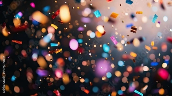Fototapeta A festive image of colorful confetti falling against a blurred bokeh background with a dark backdrop