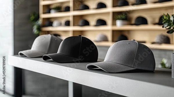 Fototapeta A display of baseball caps in varying shades of gray and black on a shelf in a retail store