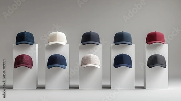 Fototapeta A display of ten baseball caps in various colors arranged on white pedestals against a gray background