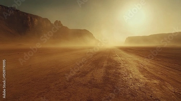 Fototapeta A desert landscape with mountains in the background and dust blowing across the cracked earth surface