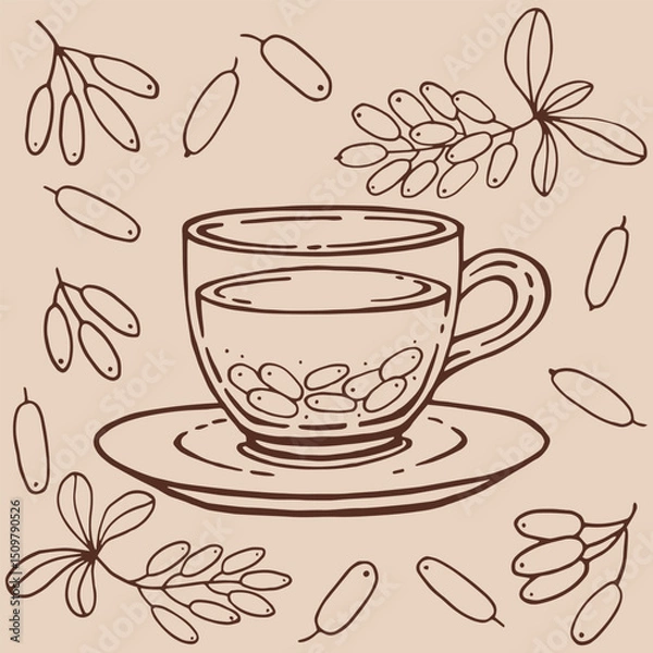 Obraz Set with glass cup tea, barberry. Hand drawn vector illustration in outline style.