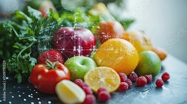 Fototapeta Assorted fresh fruits and vegetables with digital overlay on a dark surface close up view