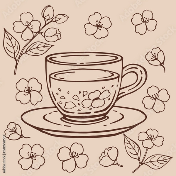Obraz Set with glass cup tea, jasmine. Hand drawn vector illustration in outline style.