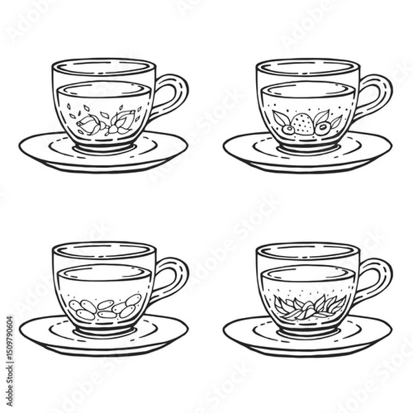Obraz Set glass mugs of tea and saucer. Medicinal tea. Hand drawn vector illustration.