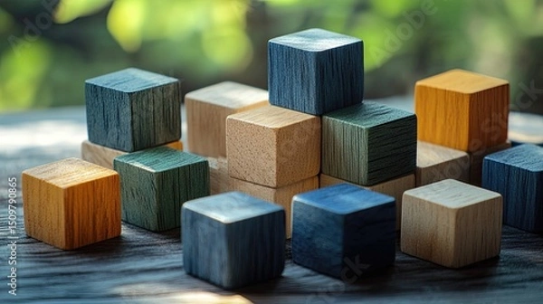 Fototapeta A close up of several colorful wooden blocks stacked on a wooden surface with a blurred background